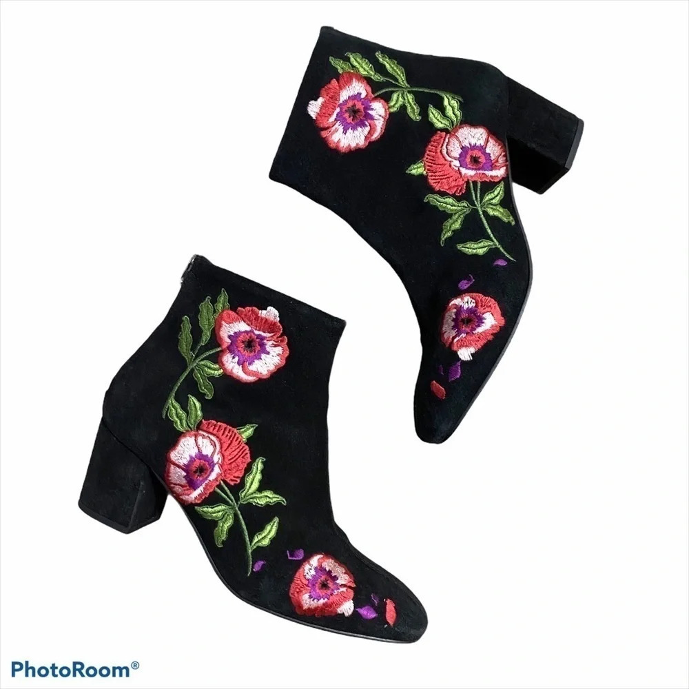 RENVY Floral Embroidered Suede Booties Women EU39